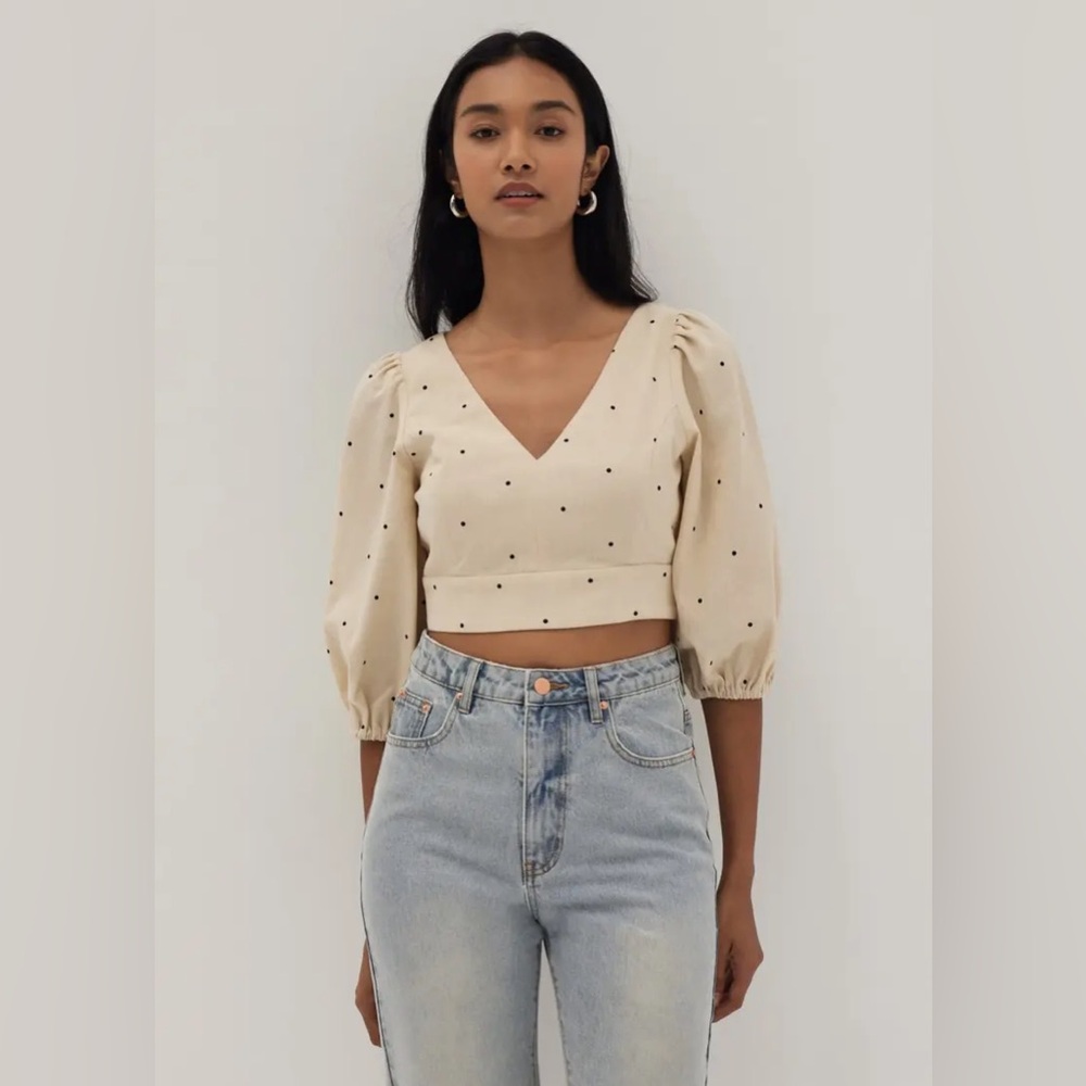 Linen Polka Dot Bustier Crop Top - Cream